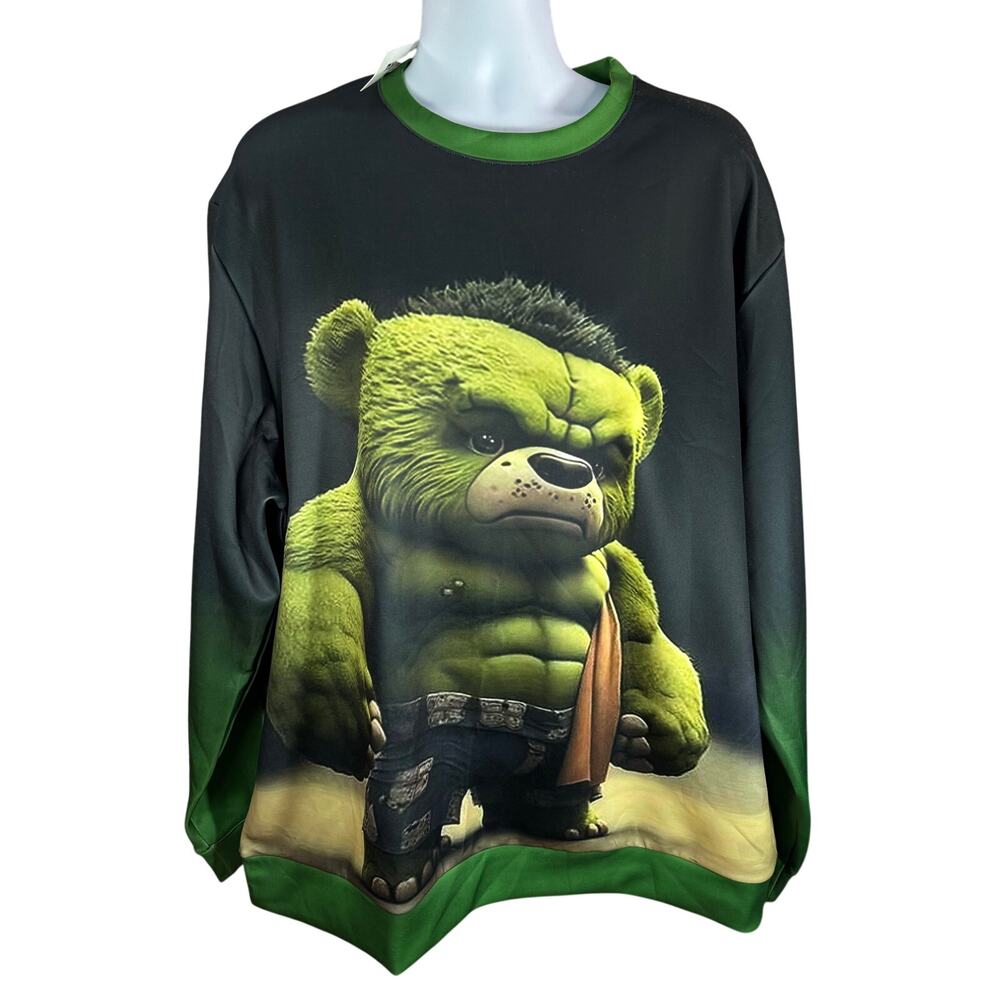 OUKU Mens Distorted Hulk Bear Graphic Sweater Green Size 3XL